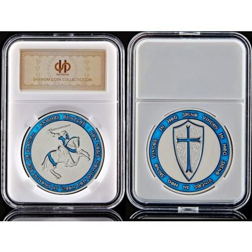 Crusaders Cross Holy Sword Blue Knights Templar Souvenir Challenge Silver Plated Coin With PCCB Protection