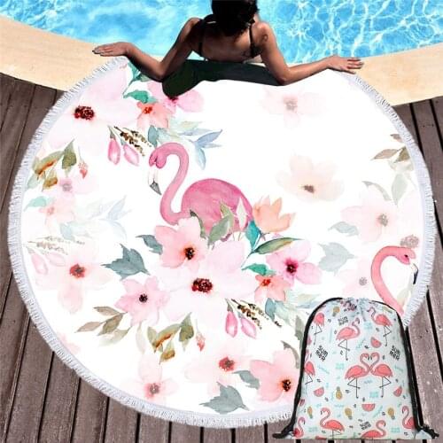 Flamingo Summer Round Beach Towels Blanket Seaside Wall Tapestry Sport Towels Yoga Mat With Tassels With Drawstring Backpack Bag