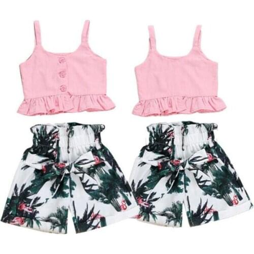 Summer Toddler Baby Girl Camisole Button Lace Shirt Top + Bow Tie Elastic Waist Coconut Tree Shorts Two Piece Set