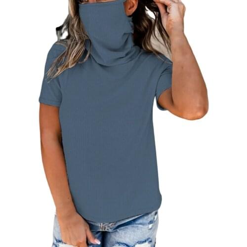 Summer Women Stack Collar Casual T-Shirt Top Dust Mask Hollow Solid Color Short Sleeve Knitted Loose Top Female