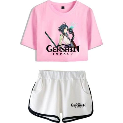 2021 Hot Game Genshin Impact Print Two Piece Set Women Girl Shorts + Crop Top Harajuku Streetwear Hot Tracksuits Pullovers