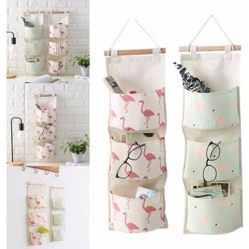 Linen 3 Layer Flamingo Storage Bag Linen Wall Hanging Storage Bag 3 Pockets Wall Mounted Wardrobe Hanging Bag Cosmetic Toys Orga
