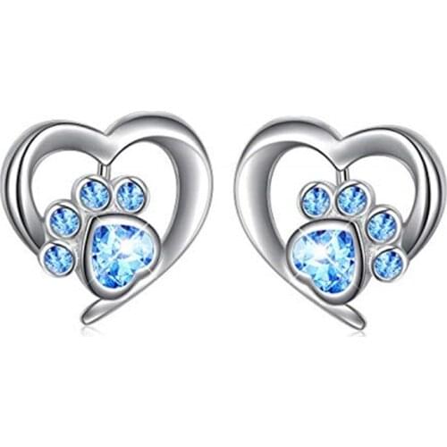 Cute Cat Paw Small Stud Earrings Blue Pink White Love Heart Stone Earrings Vintage Bride Silver Color Wedding Earrings For Women