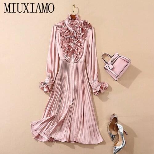 MIUXIMAO 2020 Fall Dress Long Sleeve Abstract Three dimensional flower pleating Vintage Mid-Calf Blue Pleated Dress Women