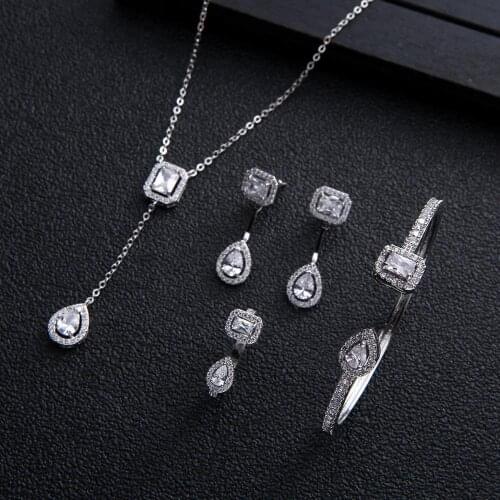 Trendy Wedding Necklace Earrings Bangle Ring 4sets For Women Full Cubic Zirconia Bridal Jewelry Sets pendientes mujer moda D1308