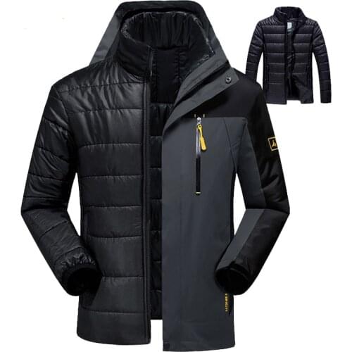 Mens Jacket Winter Warm Outwear Mens Windbreaker Waterproof Jackets Fleece Hooded Parkas Jacket Plus Size 6XL 2 in 1 Thick Coat