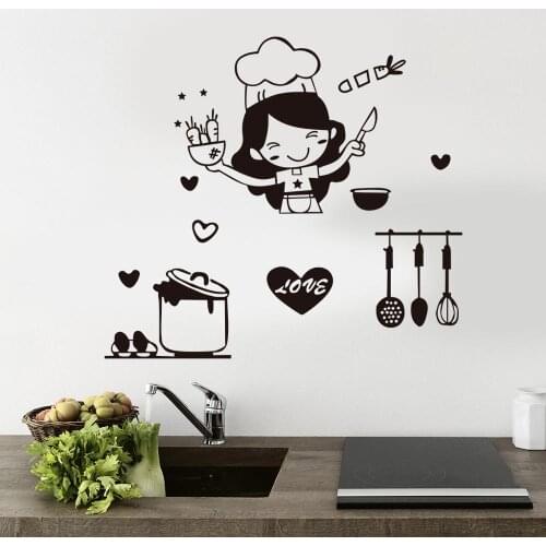 Happy Girl Chef Loves Cooking Wall Sticker Restaurant Bar Kitchen Dining Room Fridge Light Switch Decal DIY Art Home Decor
