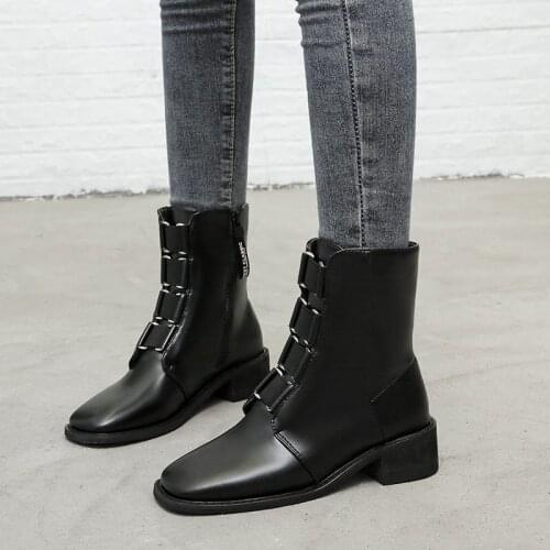 2020 New Women Chunky Heel Ankle Boots Woman Shoes Autumn Winter Designer Styled Boots Female Black PU Leather