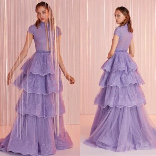 New Arrival Lace Evening Dresses High Collar Short Sleeves Appliques Tiered Prom Gowns 2020 Custom Made Sweep Train Party Dress