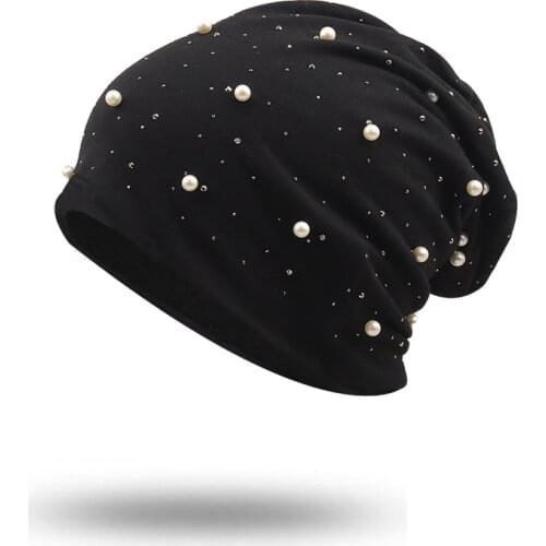 New Pearl Skullies Beanies Girl Winter Hat Women Knitted Hats For Mrs Cap Winter Beanie Hat Gorro Warm Brimless Bonnet lady Cap