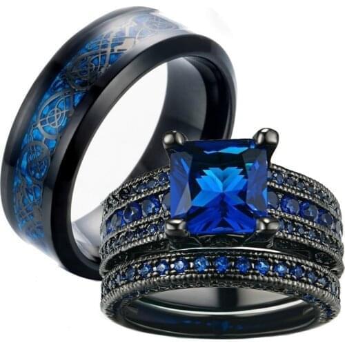 Charm Couple Ring Mens Stainless Steel Ring Blue Zircon Womens Ring Sets Valentines Day Wedding Bands Lovers Gift