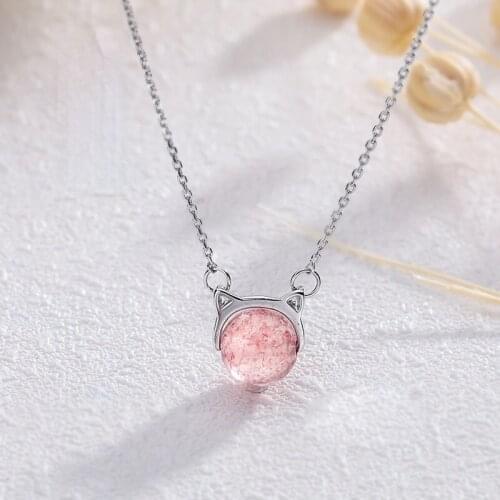 Simple Design Cat Kitty Pink Crystal Pendant Fashion Elegant Girl Silver Color Necklace Charm Women Cocktail Party Jewelry