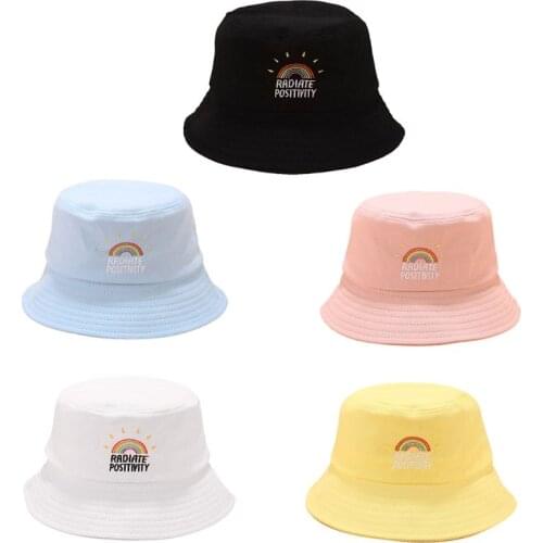 Women Girl Preppy Style Flat Top Bucket Hat Rainbow Letters Embroidery Candy Color Harajuku Hip Hop Student Summer Fisherman Cap