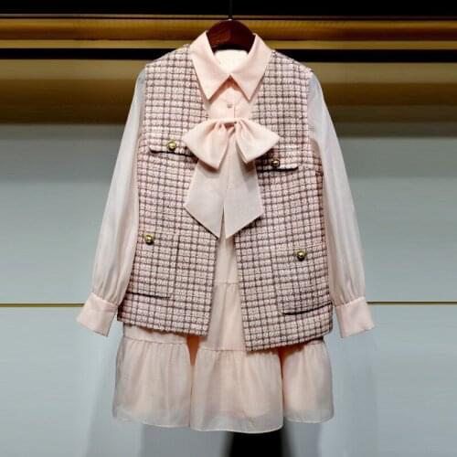 N2021 spring new Chiffon bow dress tweed vest two piece suit womens 0160091