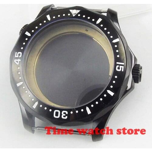 Polished 41mm PVD black stainless steel watch case fit ETA 2836 Miyota 82 DG3804 movement luminous ceramic bezel watch case C542