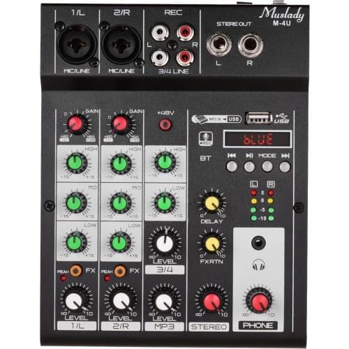Muslady M-4U Portable 4-Channel BT Mixing Console Digital Audio Mixer Built-in Reverb Effects 3-band EQ DC 5-12V Power Supply