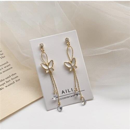 Korean Fashion Butterfly Metal Chain Rhinestone Tassel Drop Earrings Cute Bowknot Waterdrop Pendent Earrings for Women Girl Gift