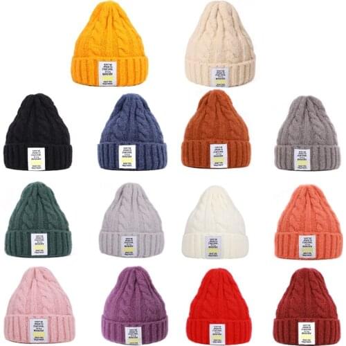 Unisex Winter Chunky Cable Knit Beanie Cap Solid Color Letters Label Skull Hat