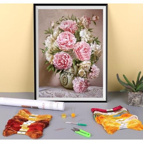 Flower Tulip Vase Rose Peony Lily Magnoli Printed Water-Soluble Canvas 11CT Cross Stitch Full Kit DIY Embroidery Gift