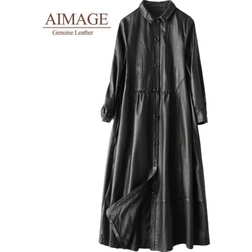 Spring Women Long Sheepskin Jacket Korean Trend Veste En Cuir Single Button Overcoats Square Collar Windproof Thick Trench PY028