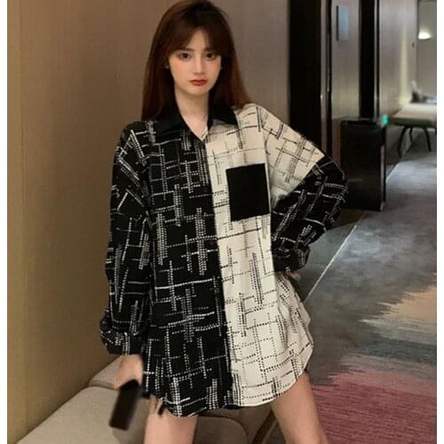 Womens Fashion Blouse Korean Style Design Contrast Color Stitching Shirt Mid-length Casual Shirt Top