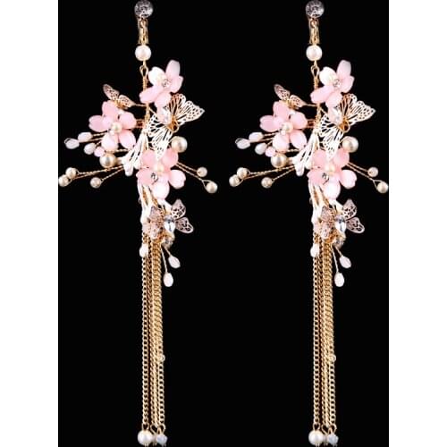 SLBRIDAL Gorgeous Rhinestones Crystals Pearls Butterfly Bridal Wedding Chandelier Earring Dangle Tassels Earring Women Jewelry