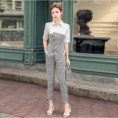 Summer Women Formal 2 Pcs Pant Suit Office Ladies Single Breasted Short Sleeve patchwork Blouses + Pencil Work Grid Pants Set