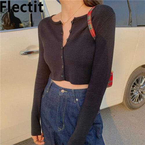 Flectit Striped Crop Cardigan For Women Long Sleeve V-Neck Button Up Sweater Soft Knitted Top Alternative Girl Outfit