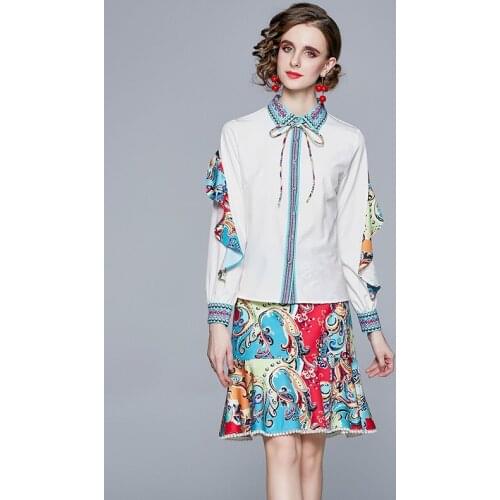 Vintage Printed Spring Two Piece Set Women Single Breasted Blouse + Mini Mermaid Skirt Set Tracksuit Europe Runway Outfits C855