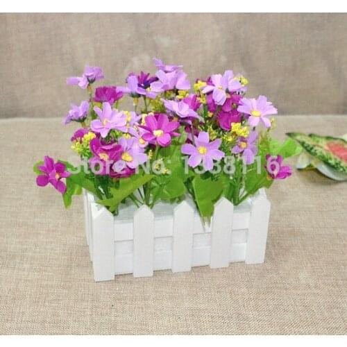1 Set 16cm Wooden Fence Vase + Flowers Eugene Flower Rose And Daisy Artificial Flower Set Silk Flowers For Home Desk Decoration