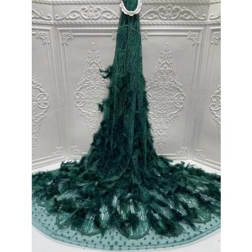 Green African French Tulle Lace Fabric 5 Yards 2021 High Quality 3d Lace Plumage ith Beaded For Bridal Party Sequins Lace Fabric