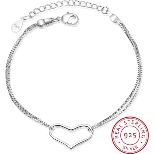 Genuine 925 Sterling Silver Romantic Heart Link Chain Bracelets & Bangles for Women Authentic Silver Jewelry Gift