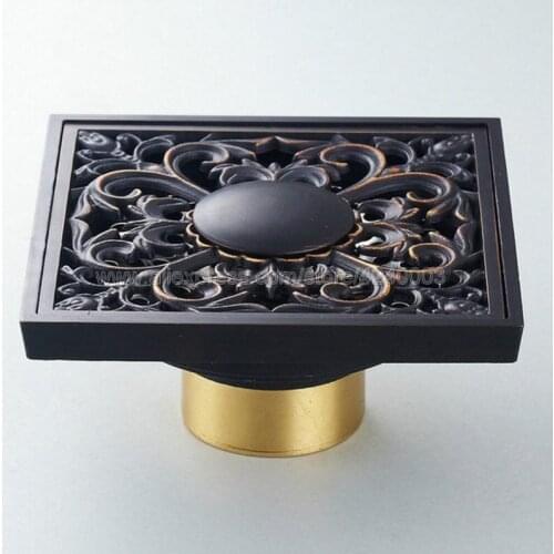 Black Oil Rubbed Bronze Floor Drains 10cm Square Art Flower Carved Bathroom Floor Drain Waste Grate Drain Khr030