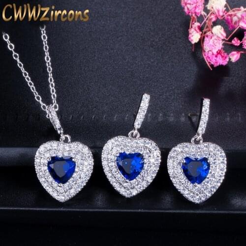 CWWZircons Fashion Women Love Gift Dark Blue Cubic Zirconia Heart Shape Pendant Necklace and Earrings Ladies Jewelry Set T272