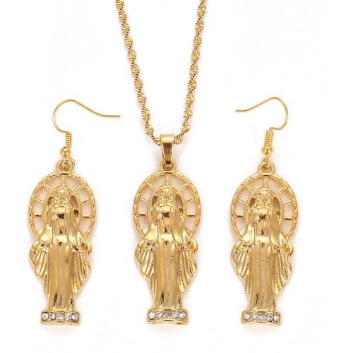24K Gold Color Catholic Christian Jewelry Sets Mother Cameo Design Virgin Mary Pendant Necklace Earring