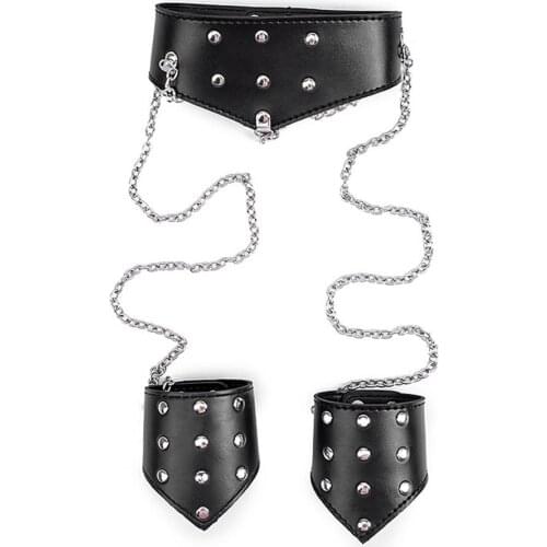 Leather Handcuffs Fetish Restraints SM Collar Slave Bondage Adult Games With Chain Neck Choker Straps Exotic Sex Toys For Women