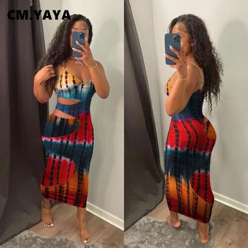 CM.YAYA Tie Dye Muliticolor Sleeveless Bodycon Midi Maxi Dress for Women Summer Beach Cut Out Hole Sexy Night Party Long Dresses