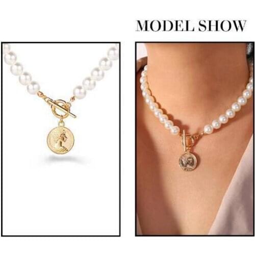 Fashion Personality Womens Necklace Creative Simple Artificial Pearl Chain Coin Head Pendant Necklace 2021 Trend New Party Gift