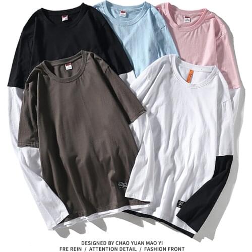 Men Long Sleeve Top Fake Two Pieces Solid Color Splicing T-Shirt 2021 Autumn Casual Fashion Oversized O Neck Mens Clothing