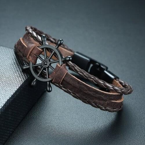 Rudder Leather Bracelet Mens Multilayer Wrape Writs Rope Bracelets Bangles Pulseira Masculina