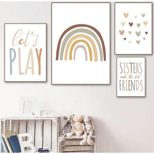 Heart Rainbow Print Nursery Wall Art Canvas Painting Sisters Art Poster Friends Prints Quotes Paintings Nordic Baby Room Decor