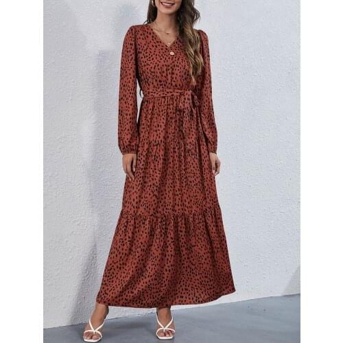 ATUENDO Autumn Fashion Sexy Dress for Women Bohemian Casual High Waist Maxi Robe Boho Leisure Satin Soft Solid Womens Clothing