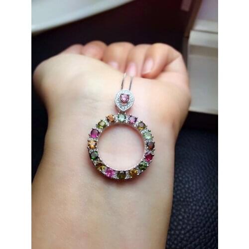 Natural Multicolor tourmaline Elegant circle round Pendant necklace S925 silver Natural gemstone necklace girl gift jewelery