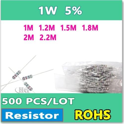 JASNPROSMA 500PCS/LOT 5% 1W 1M 1.2M 1.5M 1.8M 2M 2.2M carbon film DIP OHM high quality new goods 1 W Resistor