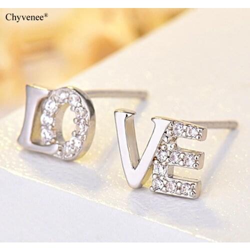 CHYVENEE Chic Korean Small Earrings 2020 Love Letter Stud Earrings for Women Silver Color Ear Rings Female Brincos Crystal Jewel