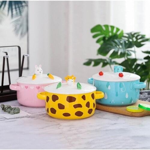 Cute Animal Ceramic Lunch Box, Microwave Oven Lunch Bowl, Household Bowl, 2 Ear Hot Proof Instant Noodles Bowl