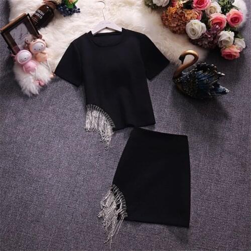 20 New Fashion Summer Two Piece Cotton Tops + Tassel Skirt Lady Short Sleeve Tops Women Suits Girl Black Tees Bottomings WZ1453