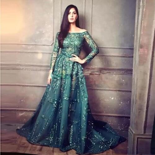 Emerald Crystal Evening Pageant Dresses 2018 Modest Illusion Long Sleeve Arabic Dubai Prom Gowns Custom Made Glitter Party Dress