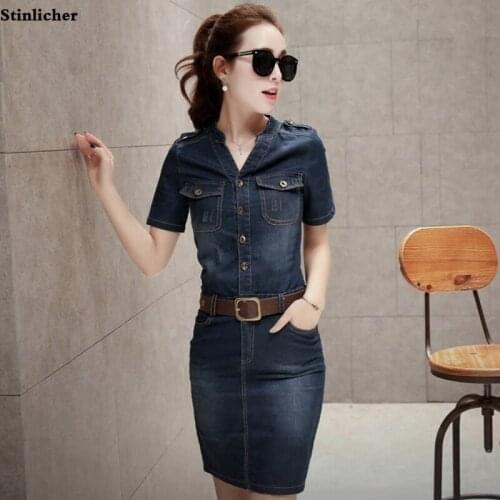 Vintage summer denim dress women fashion slim belt tunic bodycon pencil dress ladies fashion pocket split midi dress vestidos