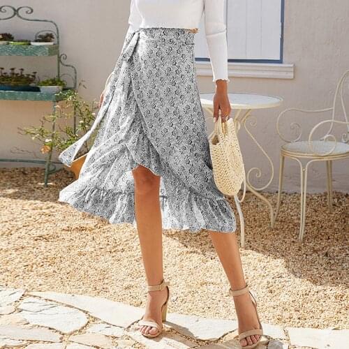 Summer Floral Print Midi Skirts Women High Waist Chiffon Bohemian Skirt Ladies Elegant Lace Up Ruffles Irregular Split Skirt